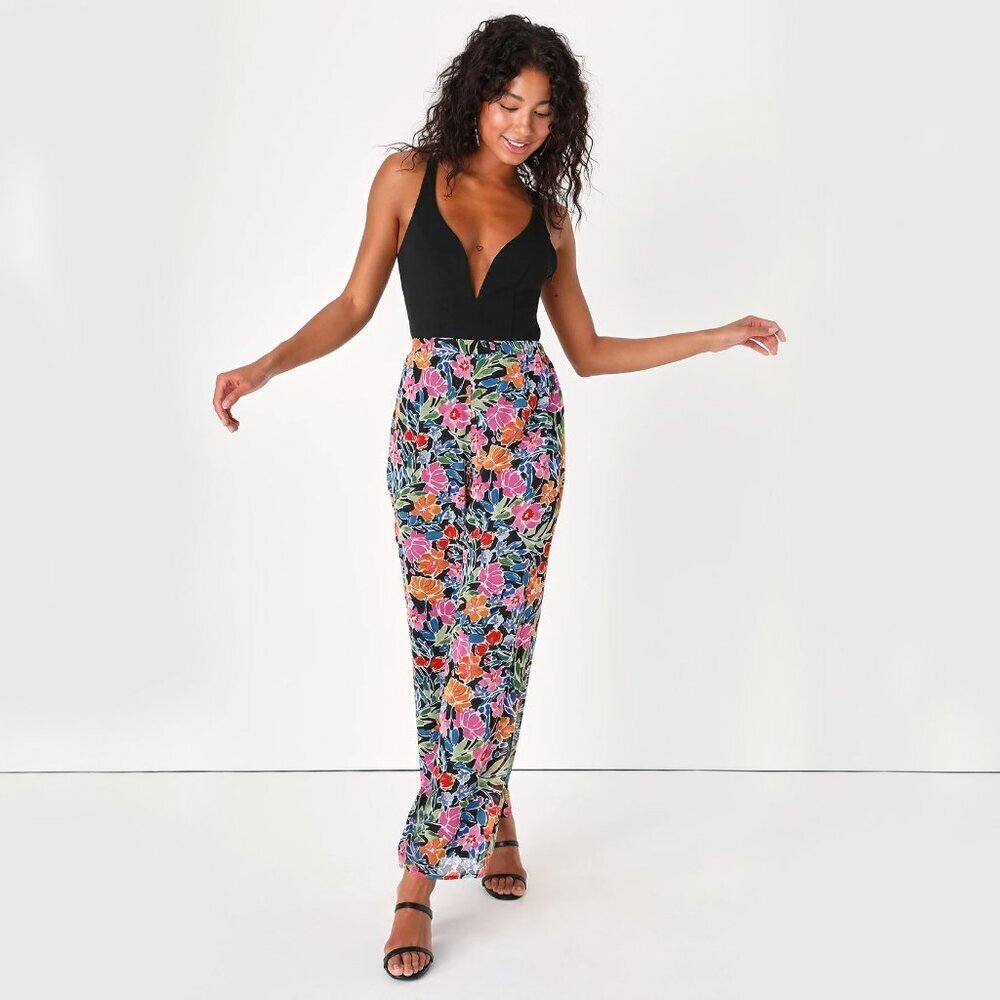 Lulus Flourishing Beauty Black Floral Print Wide-Leg Pants